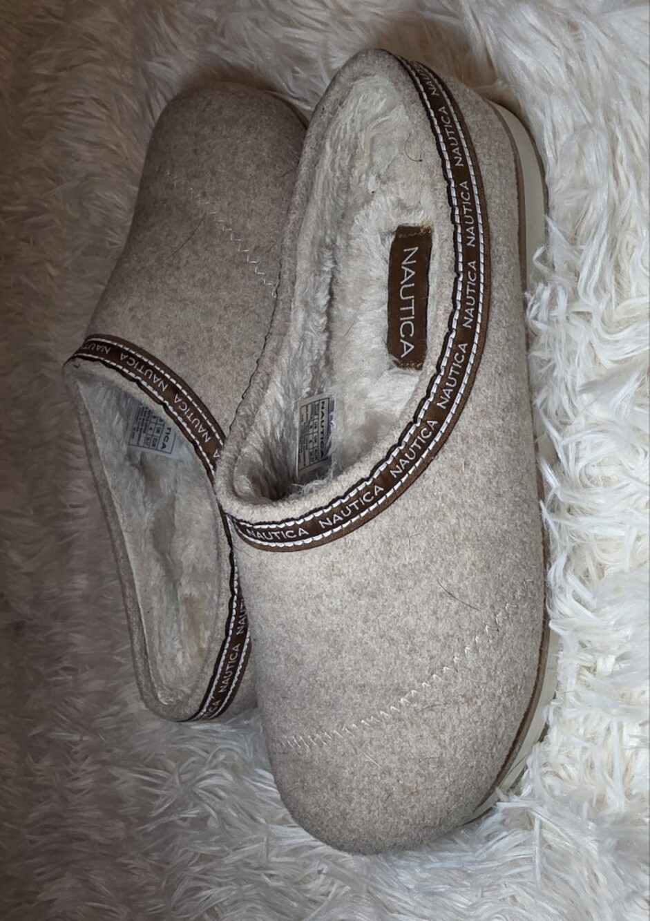 Nautica Women's Beige Slip-On Fleece-Lined Slippers Worn Once